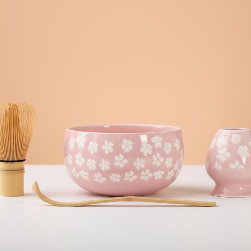 Pink Cherry Blossom Matcha Set, 6 Piece Japanese Tea Ceremony Bowl Kit