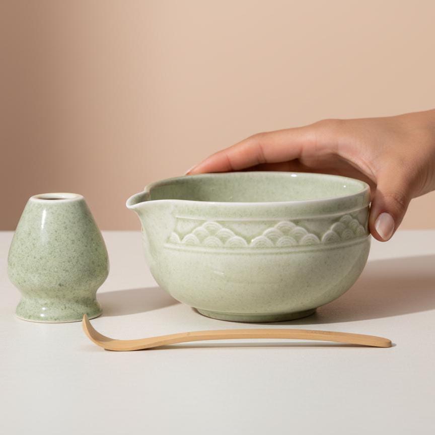 Handmade 4pc Light Green Cloud Matcha Tea Set | Ceramic Bowls, Matcha Bowl 450ml