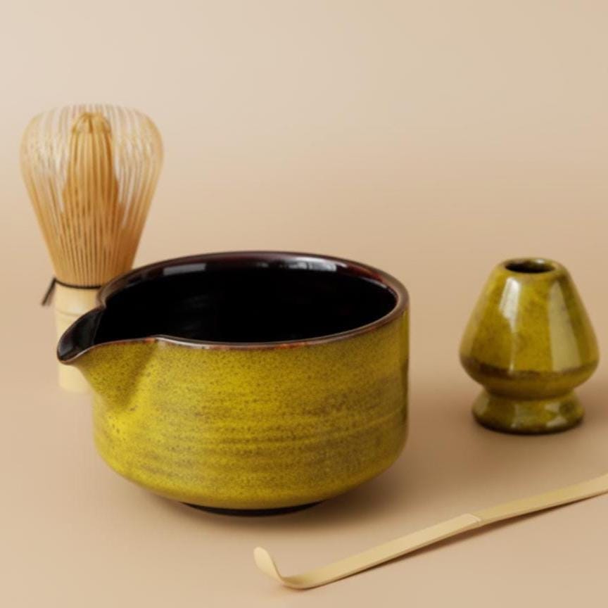 Handmade 4pc Rustic Yellow Matcha Tea Set | Ceramic Bowl, Matcha Bowls 450ml
