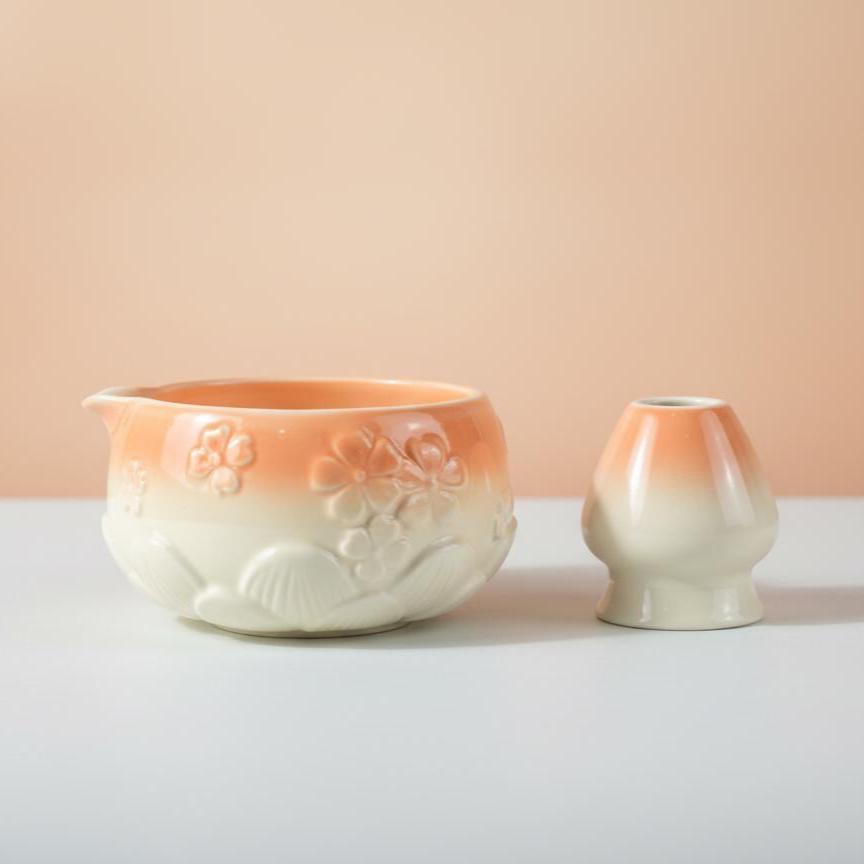 Handmade 4pc Peach Matcha Tea Set | Ceramic Bowls, Matcha Bowl 450ml