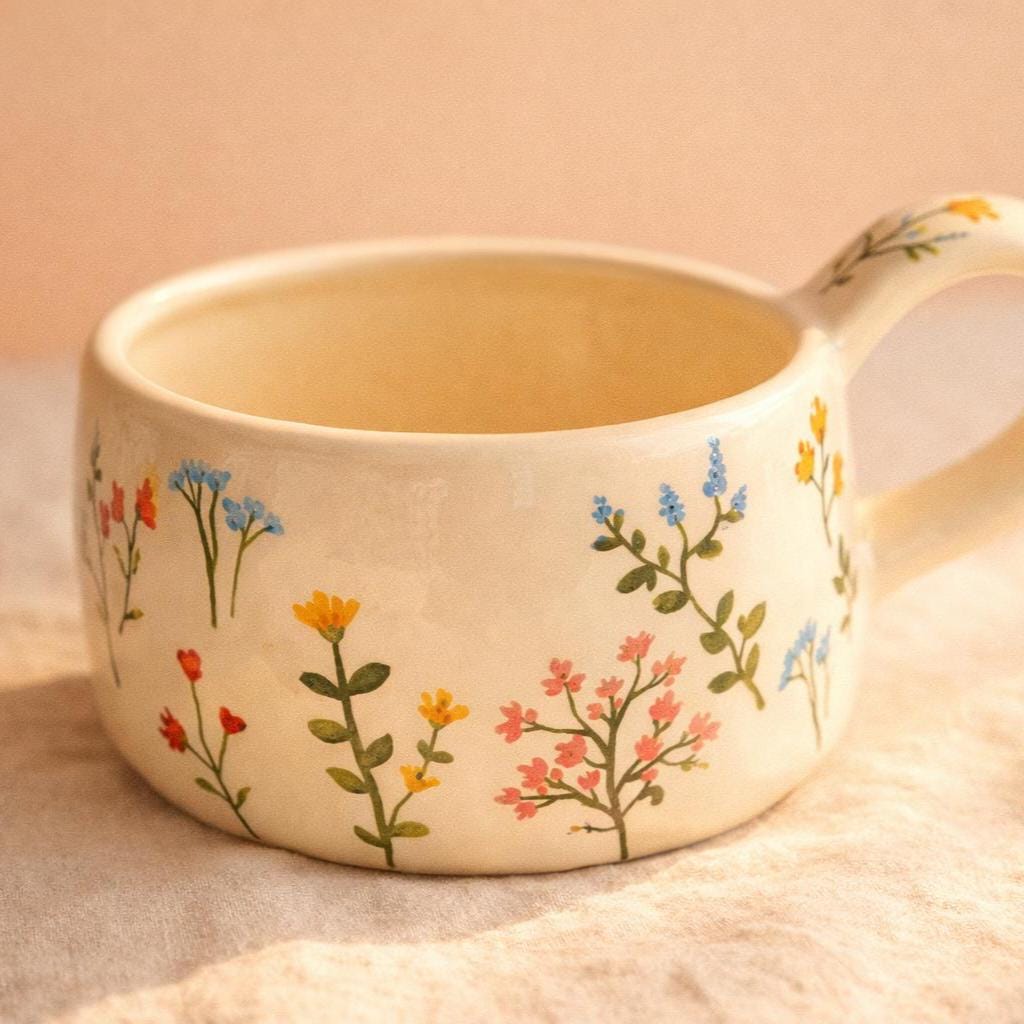 Funky Floral Ceramic Mug - Hand Painted Cream Coffee Mug - Gift for Mom