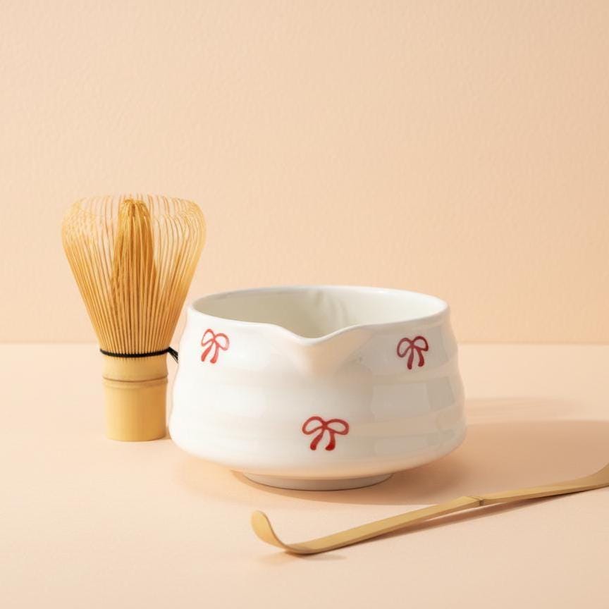 Handmade 4pc White Red Bow Matcha Tea Set | Ceramic Bowls, Matcha Bowl 450ml