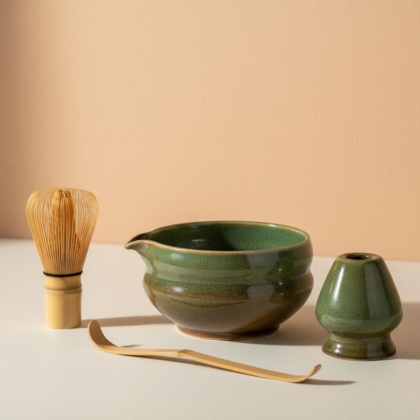 Handmade 4pc Rustic Green Matcha Tea Set | Ceramic Bowls, Matcha Bowl 450ml