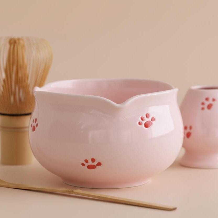 Pink Cat Paw Matcha Set | Ceramic Bowl, Whisk, Scoop, Holder