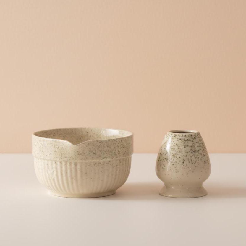Handmade 5pc Speckled Cream Matcha Tea Set | Ceramic Bowls, Matcha Bowl 450ml