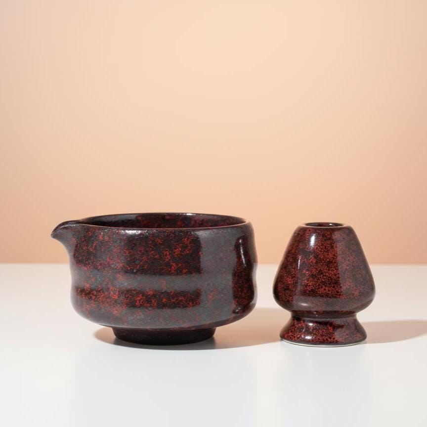 Handmade 4pc Rustic Dark Red Matcha Tea Set | Ceramic Bowl, Matcha Bowls 450ml