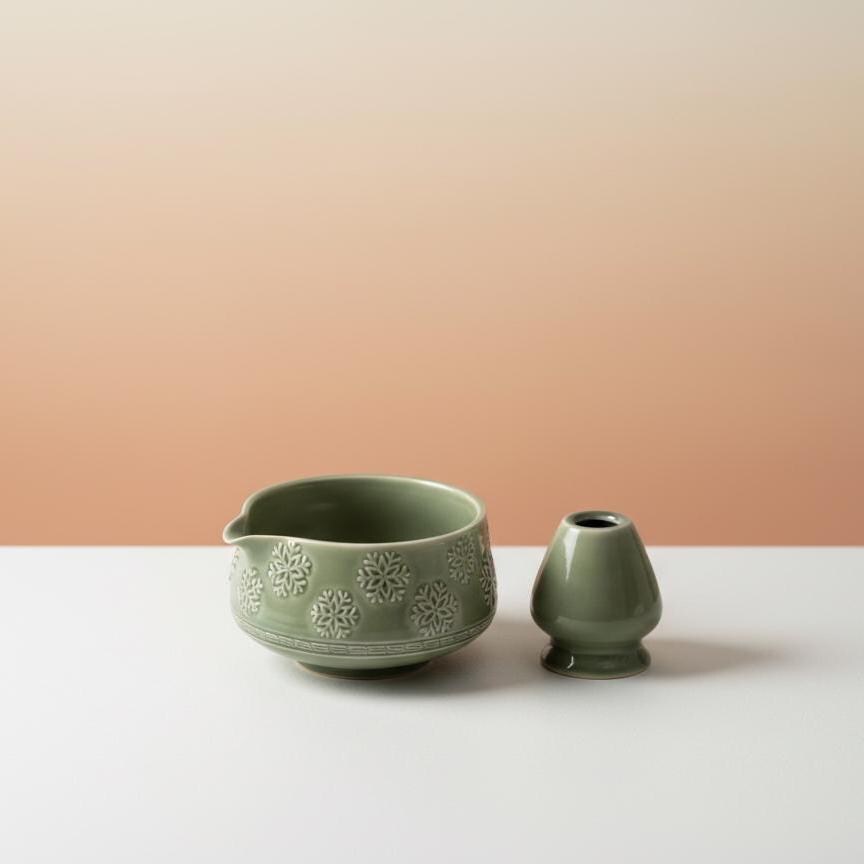 Handmade 4pc Green Flake Matcha Tea Set | Ceramic Bowls, Matcha Bowl 450ml