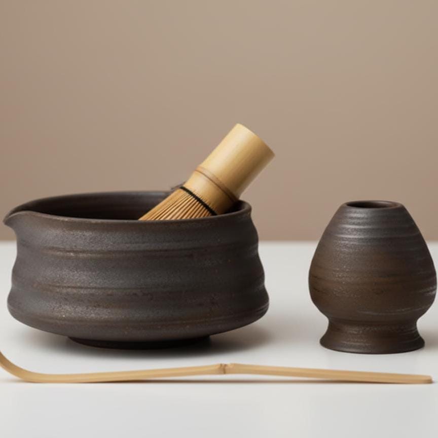 Handmade 4pc Rustic Brown Matcha Tea Set | Ceramic Bowl, Matcha Bowls 450ml