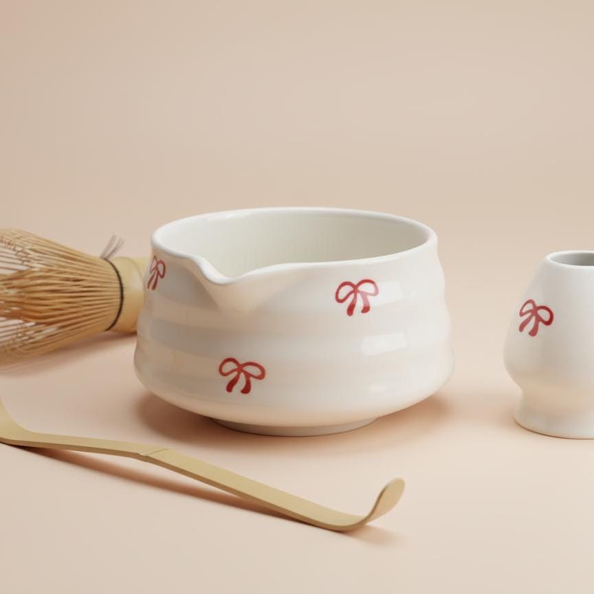 Handmade 4pc White Red Bow Matcha Tea Set | Ceramic Bowls, Matcha Bowl 450ml