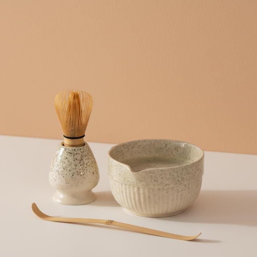 Handmade 5pc Speckled Cream Matcha Tea Set | Ceramic Bowls, Matcha Bowl 450ml