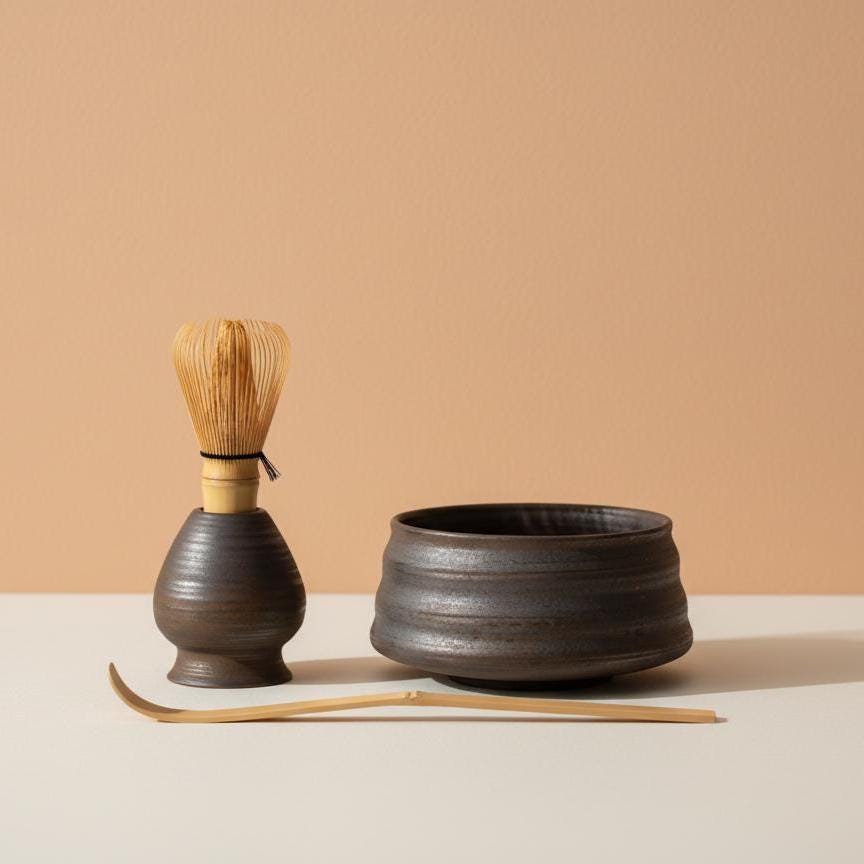 Handmade 4pc Rustic Brown Matcha Tea Set | Ceramic Bowl, Matcha Bowls 450ml