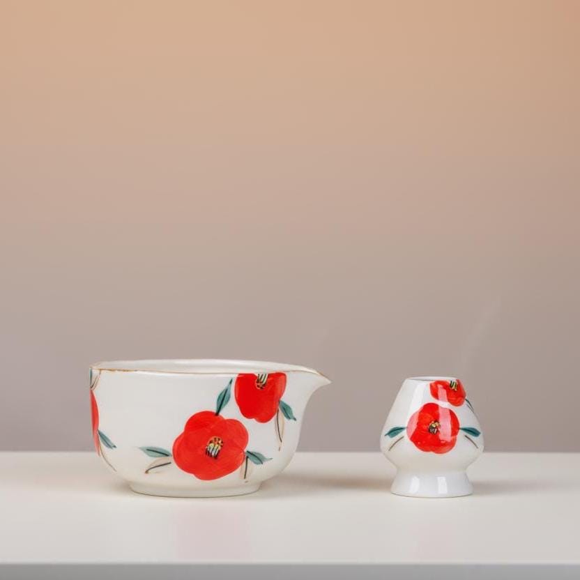 Handmade Red Flower Matcha Tea Set | Ceramic Bowls, Matcha Bowl 450ml