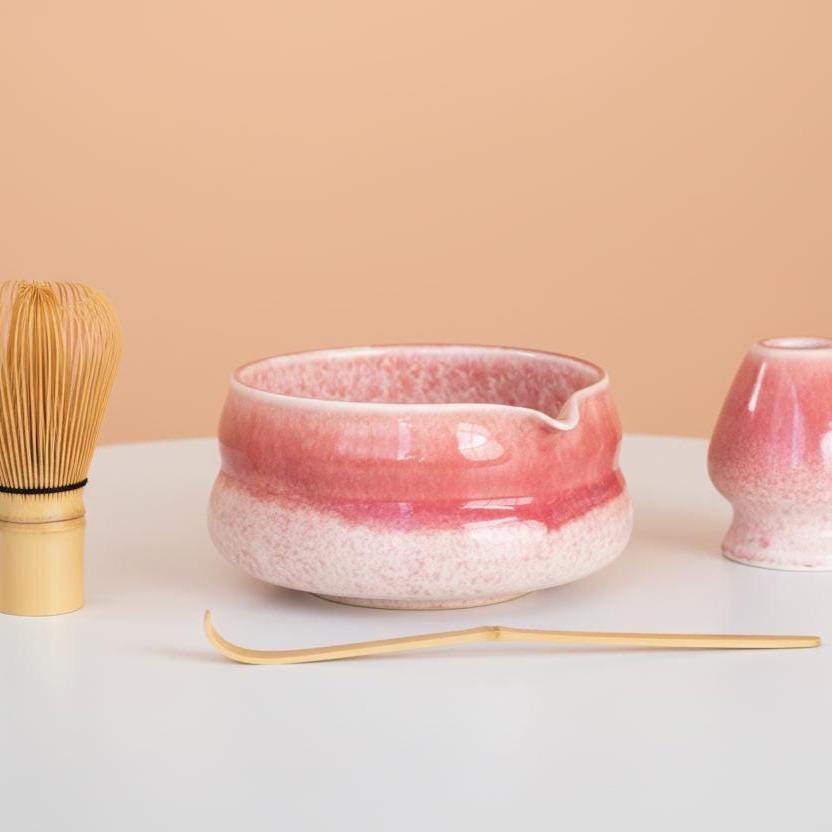 Pink Ceramic Matcha Bowl Set | Rose Blush Chawan with Whisk Holder