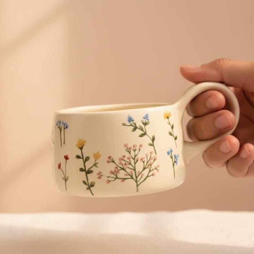 Funky Floral Ceramic Mug - Hand Painted Cream Coffee Mug - Gift for Mom