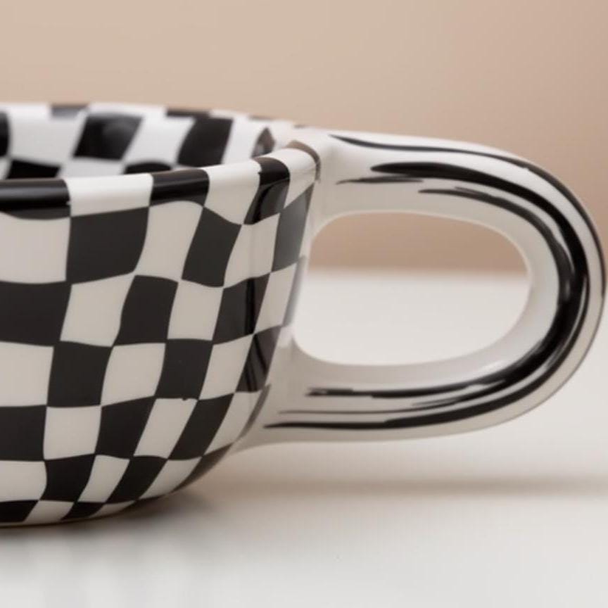 Checkerboard Ceramic Mug, Bold Retro Coffee Cup, Oversized Handle, 12 oz Capacity