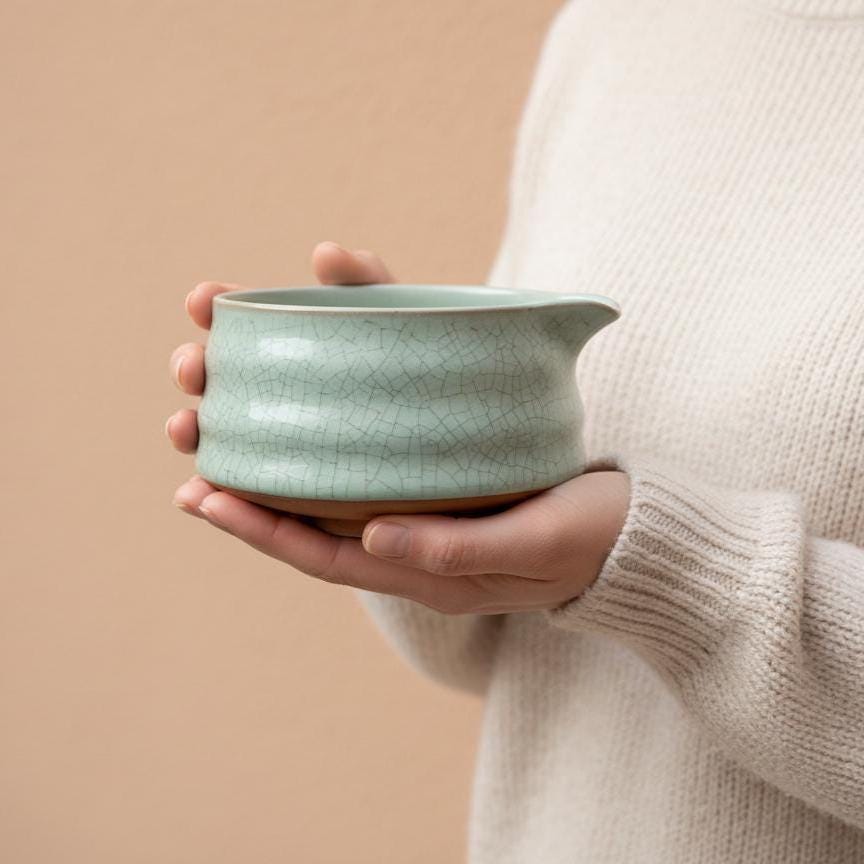 Handmade 4pc Light Green Matcha Tea Set | Ceramic Bowl, Matcha Bowls 450ml