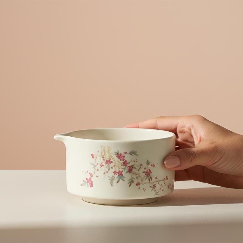 Handmade 4pc White Floral Matcha Tea Set | Ceramic Bowls, Matcha Bowl 450ml
