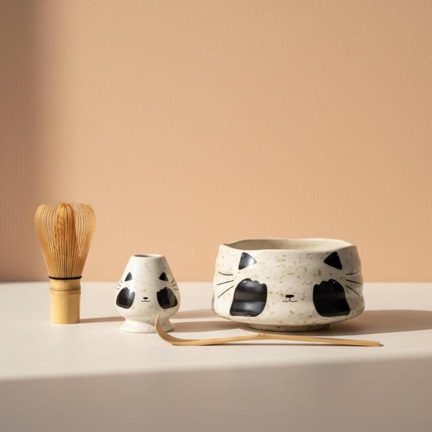 Handmade 4pc Cat Matcha Tea Set | Ceramic Bowls, Matcha Bowl 450ml