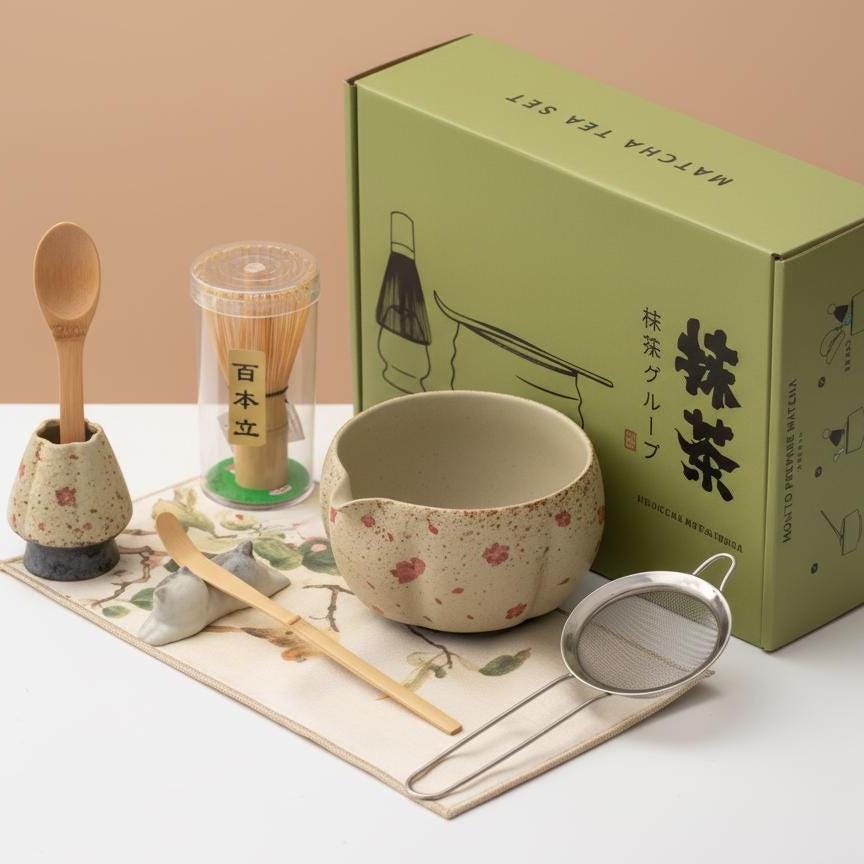 Hand Painted 8pc Sakura Matcha Tea Set | Ceramic Bowls, Matcha Bowl 450ml