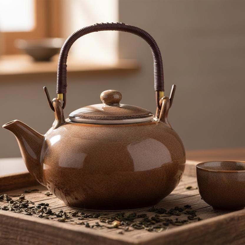 Ceramic Teapot with Rattan Handle, Japanese Loose Leaf Kettle, 900ml Tea Pot