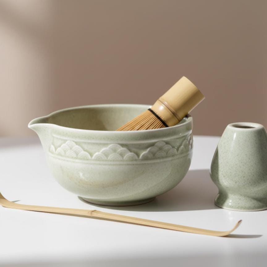 Handmade 4pc Light Green Cloud Matcha Tea Set | Ceramic Bowls, Matcha Bowl 450ml