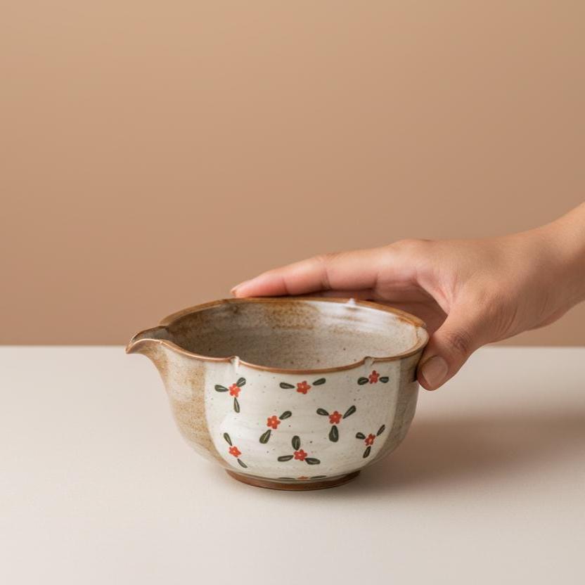 Hand Painted Floral Matcha Set • 6 Piece Ceramic Tea Bowl with Whisk, Scoop, Strainer