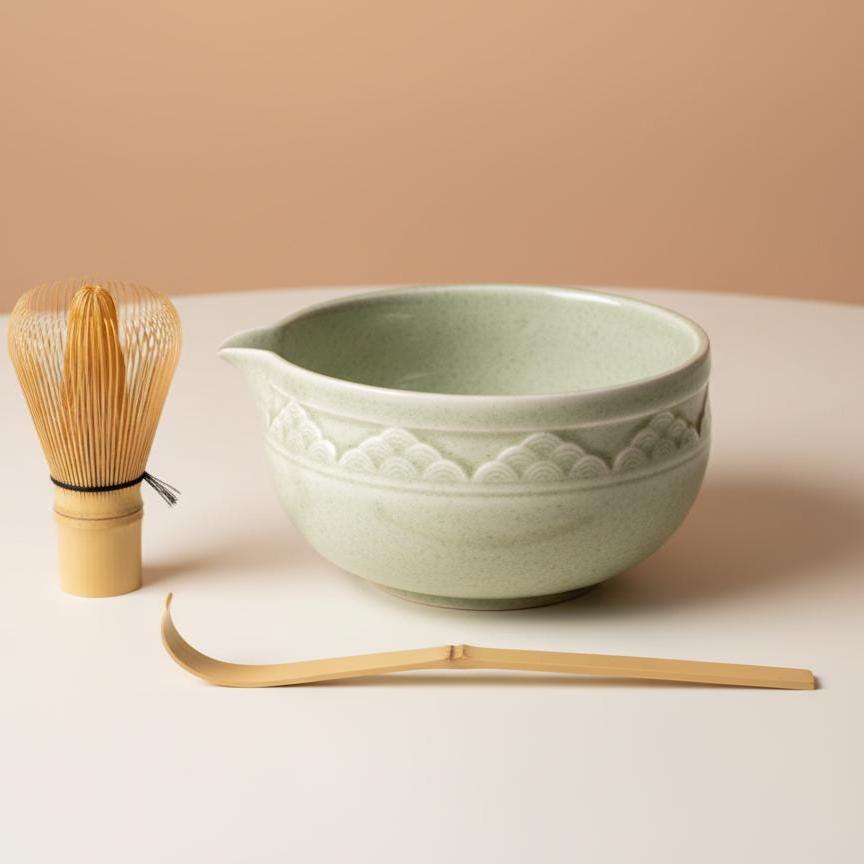 Handmade 4pc Light Green Cloud Matcha Tea Set | Ceramic Bowls, Matcha Bowl 450ml