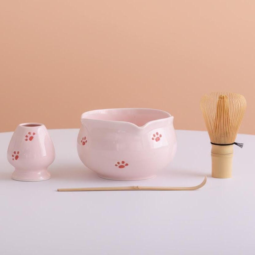 Pink Cat Paw Matcha Set | Ceramic Bowl, Whisk, Scoop, Holder