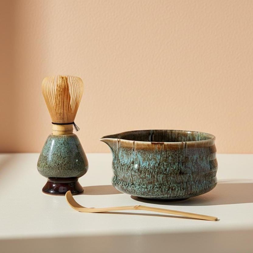 Ceramic Matcha Bowl Set | Teal Speckled Chawan with Bamboo Whisk, Scoop, Holder, Strainer