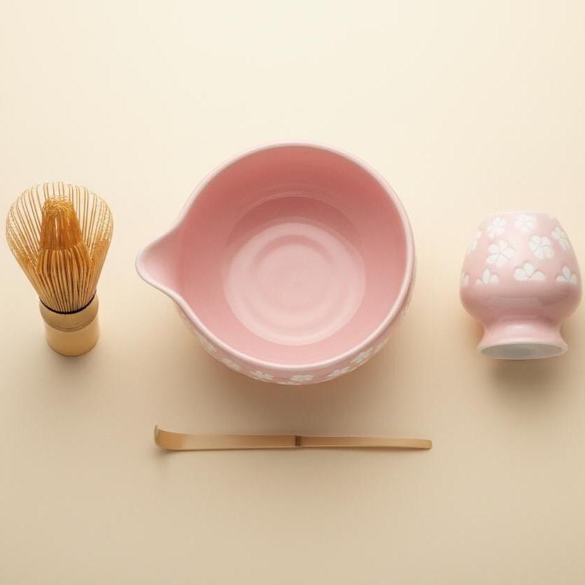 Pink Cherry Blossom Matcha Set, 6 Piece Japanese Tea Ceremony Bowl Kit