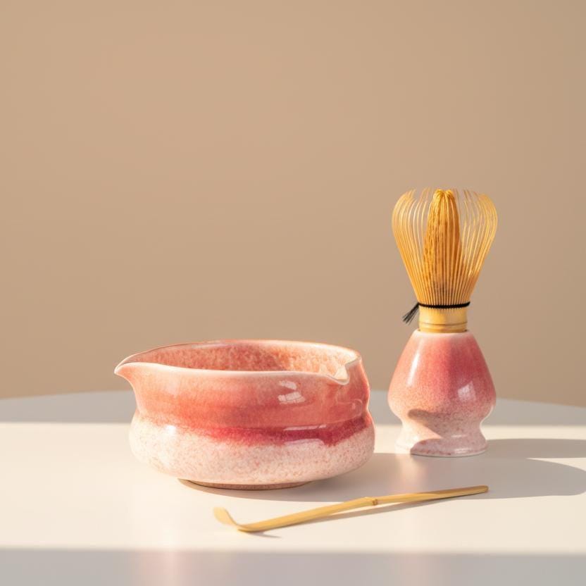 Pink Ceramic Matcha Bowl Set | Rose Blush Chawan with Whisk Holder