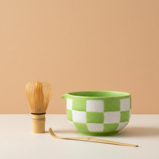 Handmade 4pc Green Checkered Matcha Tea Set | Ceramic Bowls, Matcha Bowl 450ml