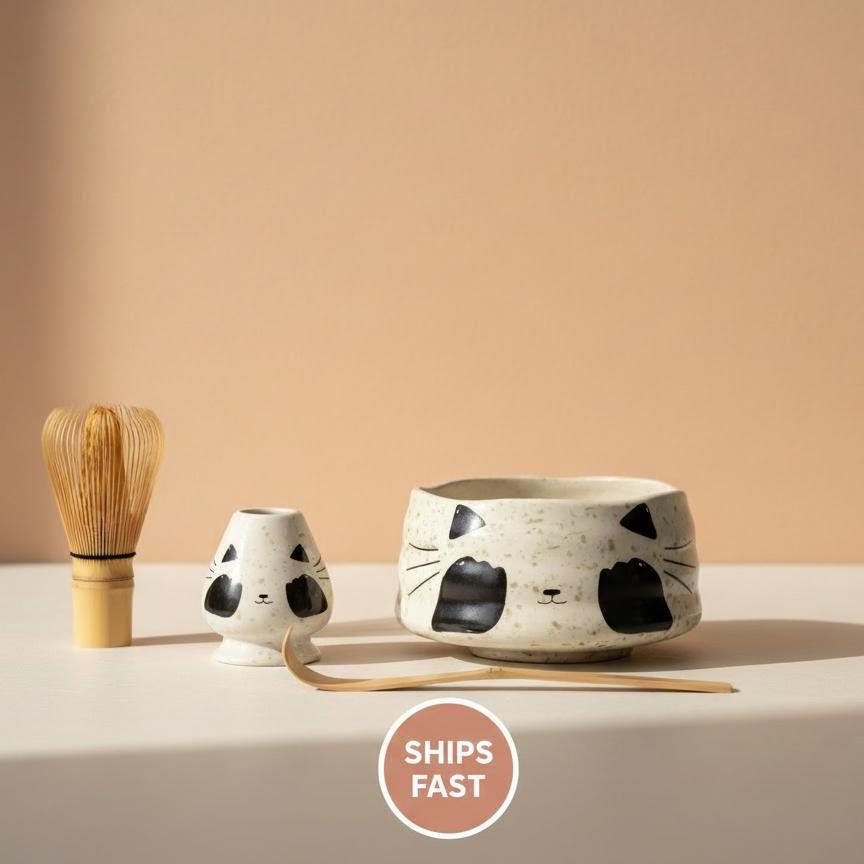 Handmade 4pc Cat Matcha Tea Set | Ceramic Bowls, Matcha Bowl 450ml