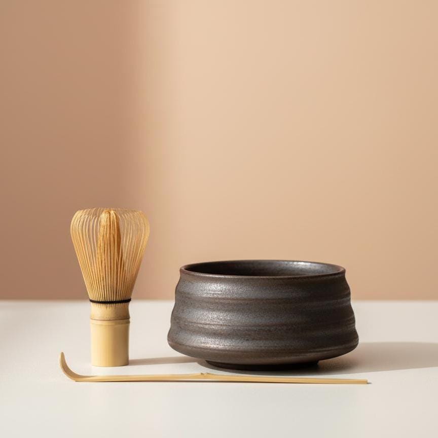 Handmade 4pc Rustic Brown Matcha Tea Set | Ceramic Bowl, Matcha Bowls 450ml