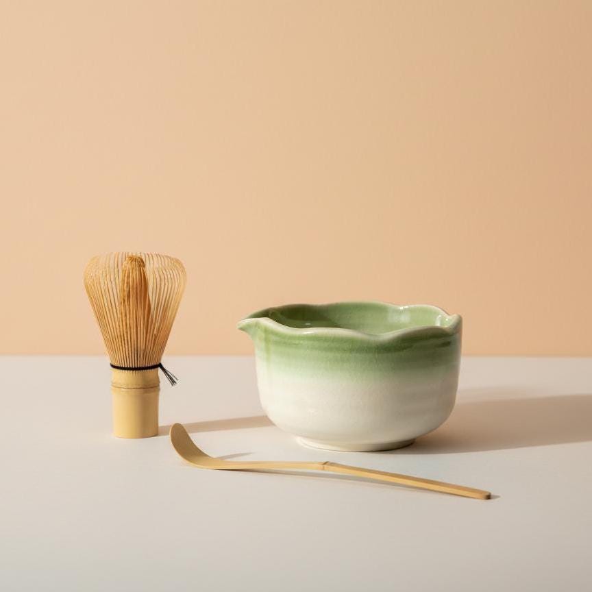 Handmade 4pc Green Matcha Tea Set | Ceramic Bowls, Matcha Bowl 450ml