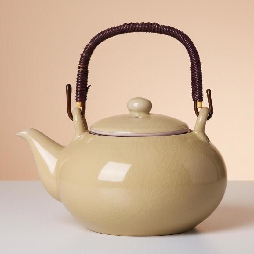 Ceramic Teapot with Rattan Handle, Japanese Loose Leaf Kettle, 900ml Tea Pot