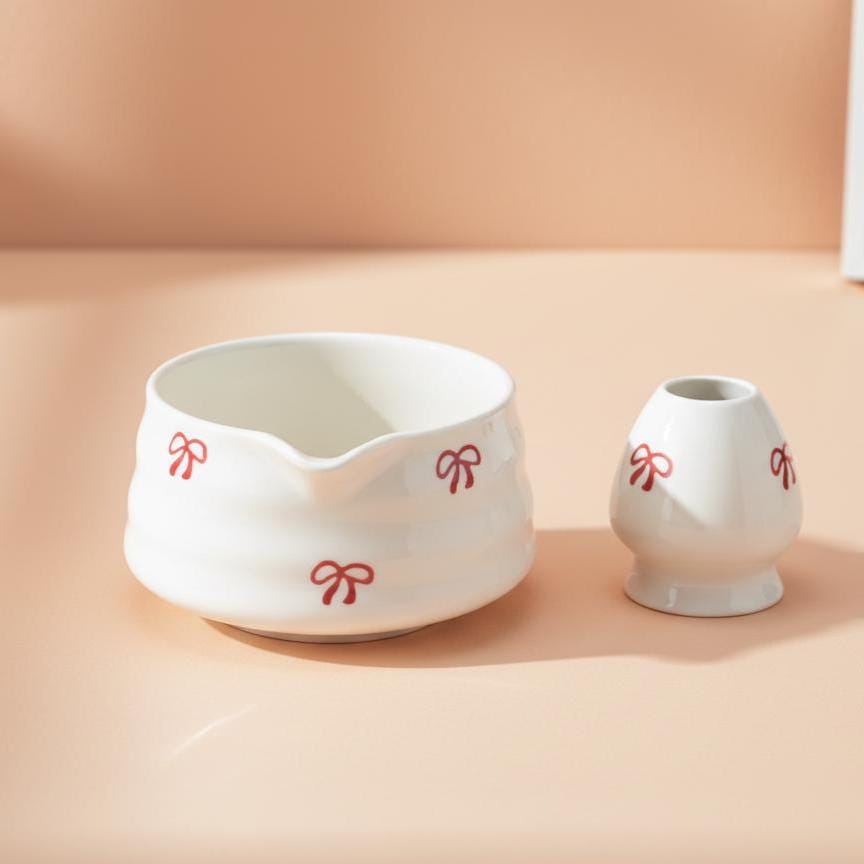 Handmade 4pc White Red Bow Matcha Tea Set | Ceramic Bowls, Matcha Bowl 450ml