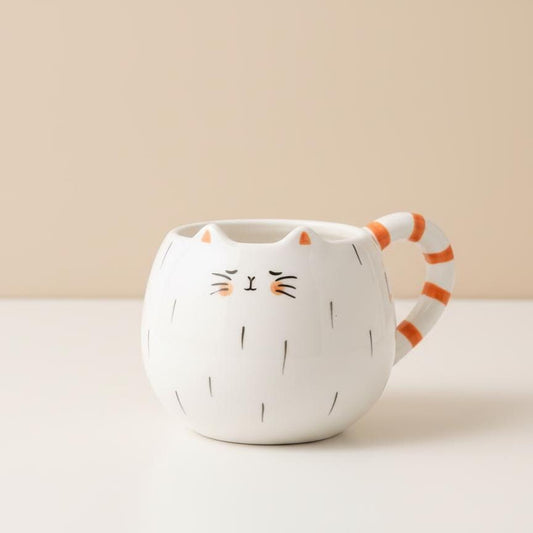Hand-Painted Cat Face Ceramic Mug | Striped Tail Handle Coffee Cup
