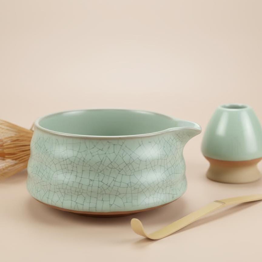 Handmade 4pc Light Green Matcha Tea Set | Ceramic Bowl, Matcha Bowls 450ml