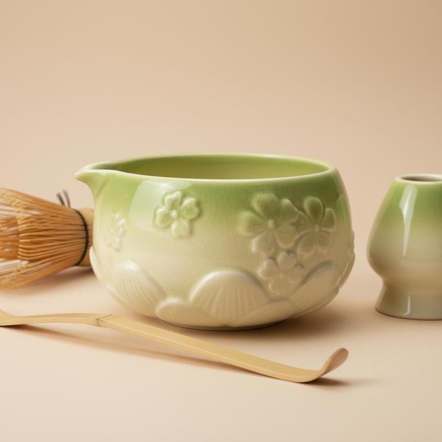 Handmade 4pc Green Bow Matcha Tea Set | Ceramic Bowls, Matcha Bowl 450ml