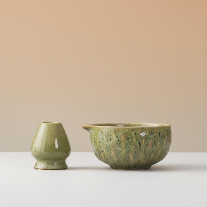 Handmade 4pc Moss Green Matcha Tea Set | Ceramic Bowls, Matcha Bowl 450ml