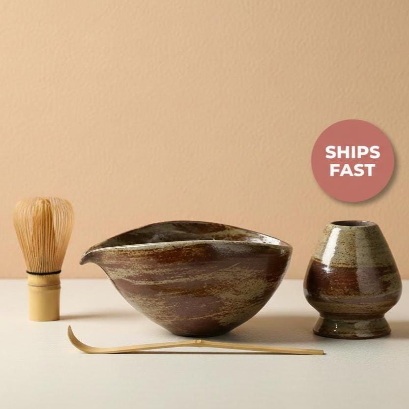 Handmade 4pc Rustic Light Brown Matcha Tea Set | Ceramic Bowls, Matcha Bowl 450ml
