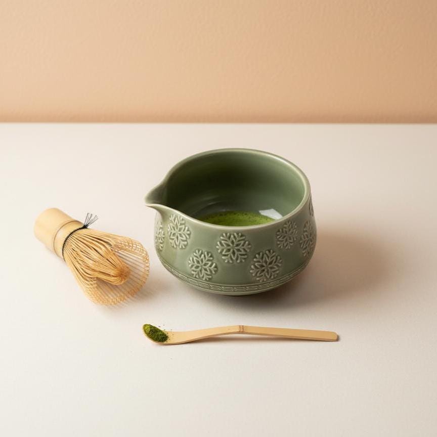 Handmade 4pc Green Flake Matcha Tea Set | Ceramic Bowls, Matcha Bowl 450ml