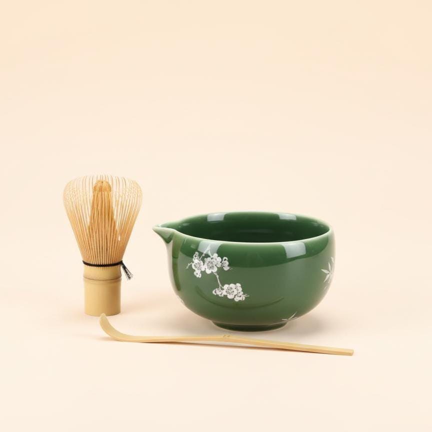Handmade 4pc Emerald Green Matcha Tea Set | Ceramic Bowls, Matcha Bowl 450ml