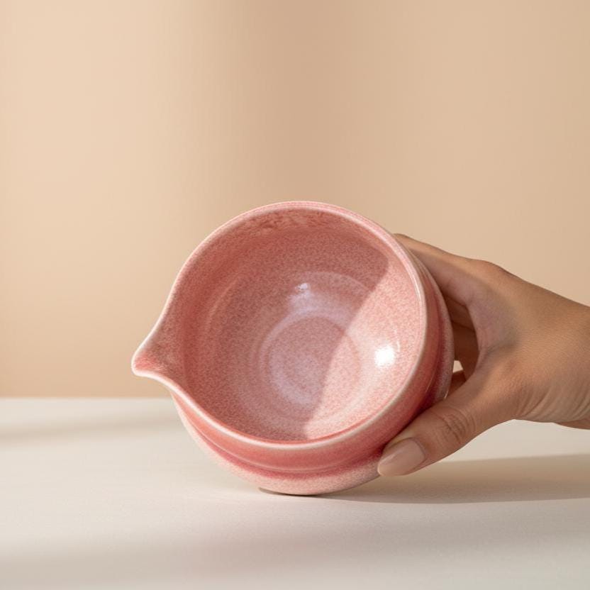 Pink Ceramic Matcha Bowl Set | Rose Blush Chawan with Whisk Holder