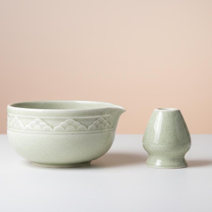 Handmade 4pc Light Green Cloud Matcha Tea Set | Ceramic Bowls, Matcha Bowl 450ml