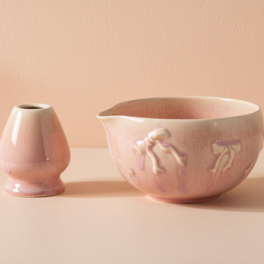 Handmade 2pc Pink Bow Matcha Set | Ceramic Bowls, Matcha Bowl 450ml