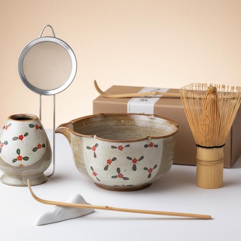 Hand Painted Floral Matcha Set • 6 Piece Ceramic Tea Bowl with Whisk, Scoop, Strainer