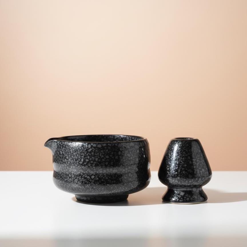 Handmade 4pc Black Funky Matcha Tea Set | Ceramic Bowls, Matcha Bowl 450ml
