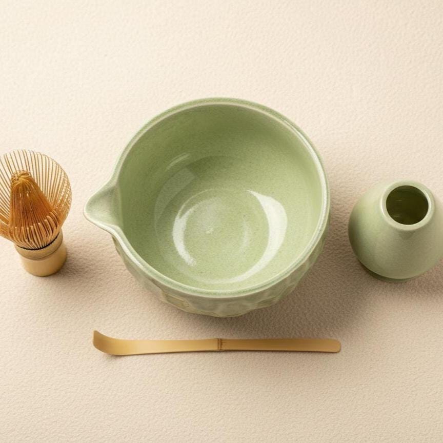 Sage Green Ceramic Matcha Bowl Set, Japanese Tea Whisk Holder, Bamboo Scoop